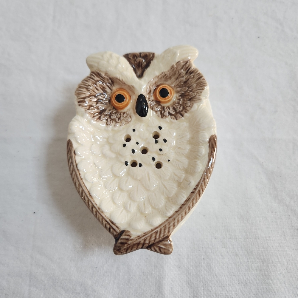 Vintage Enesco Ceramic Brown Ivory Owl Soap Dish